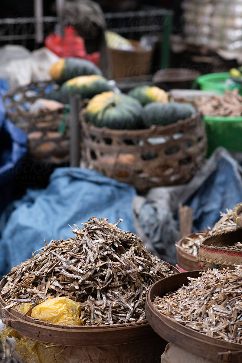 Small dried fish for sale at street market in Ubud, Bali