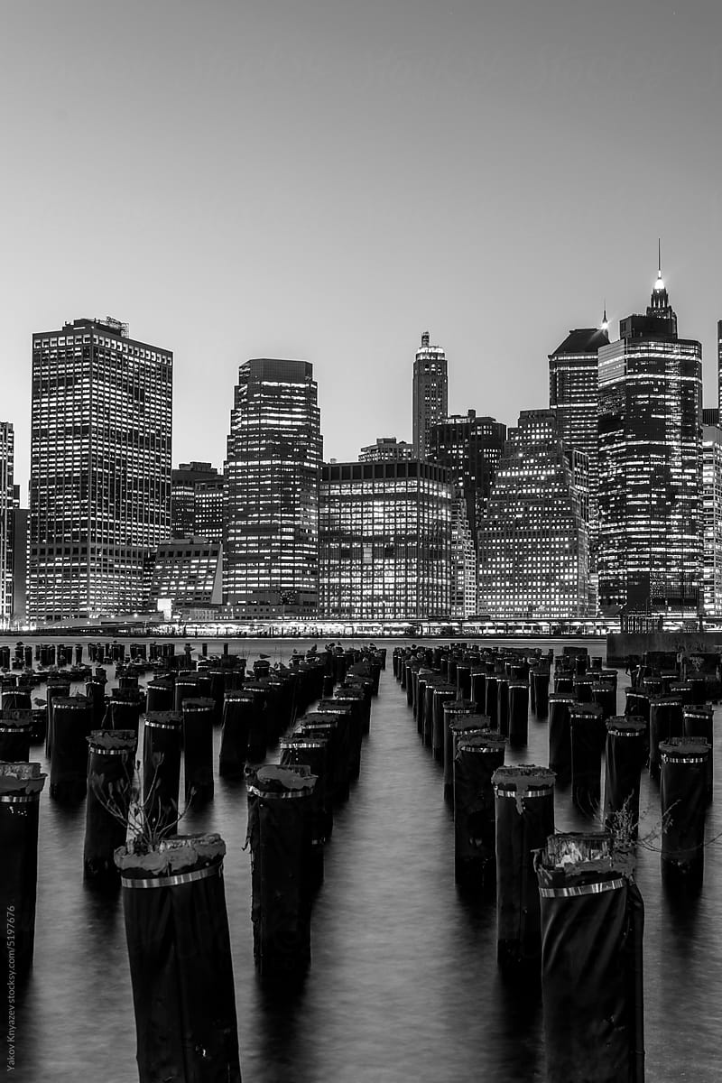 BW Dusk cityscape At East River In NYC