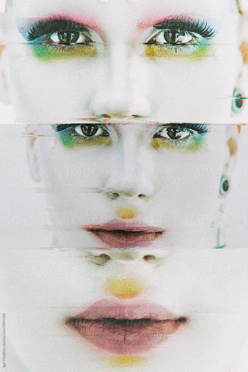 the face of the chi-fi screen, makeup, eyes, mouth,glitch,retro,futuristic,white