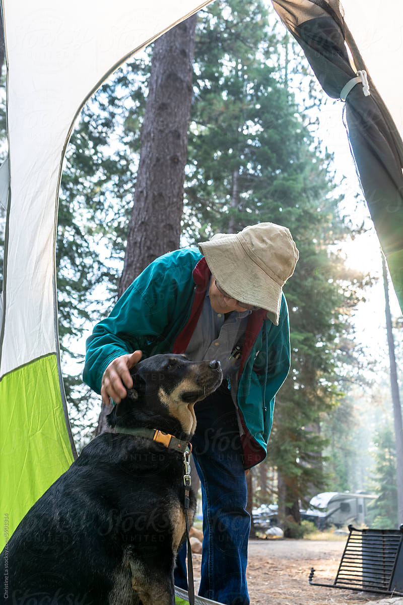 Man petting dog while camping