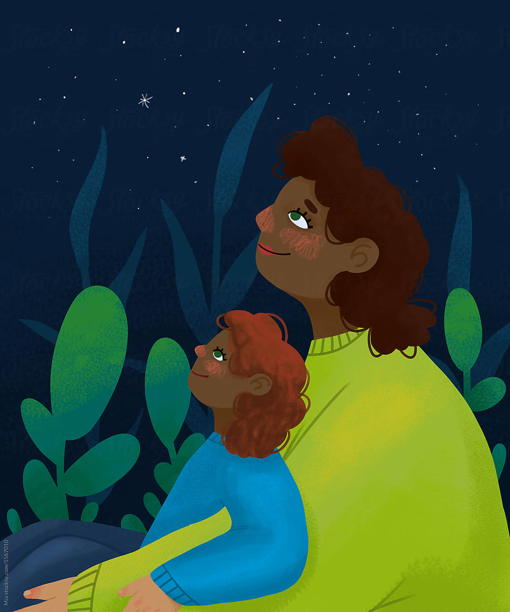 African Mother and Son: A Moment Under the Starry Sky