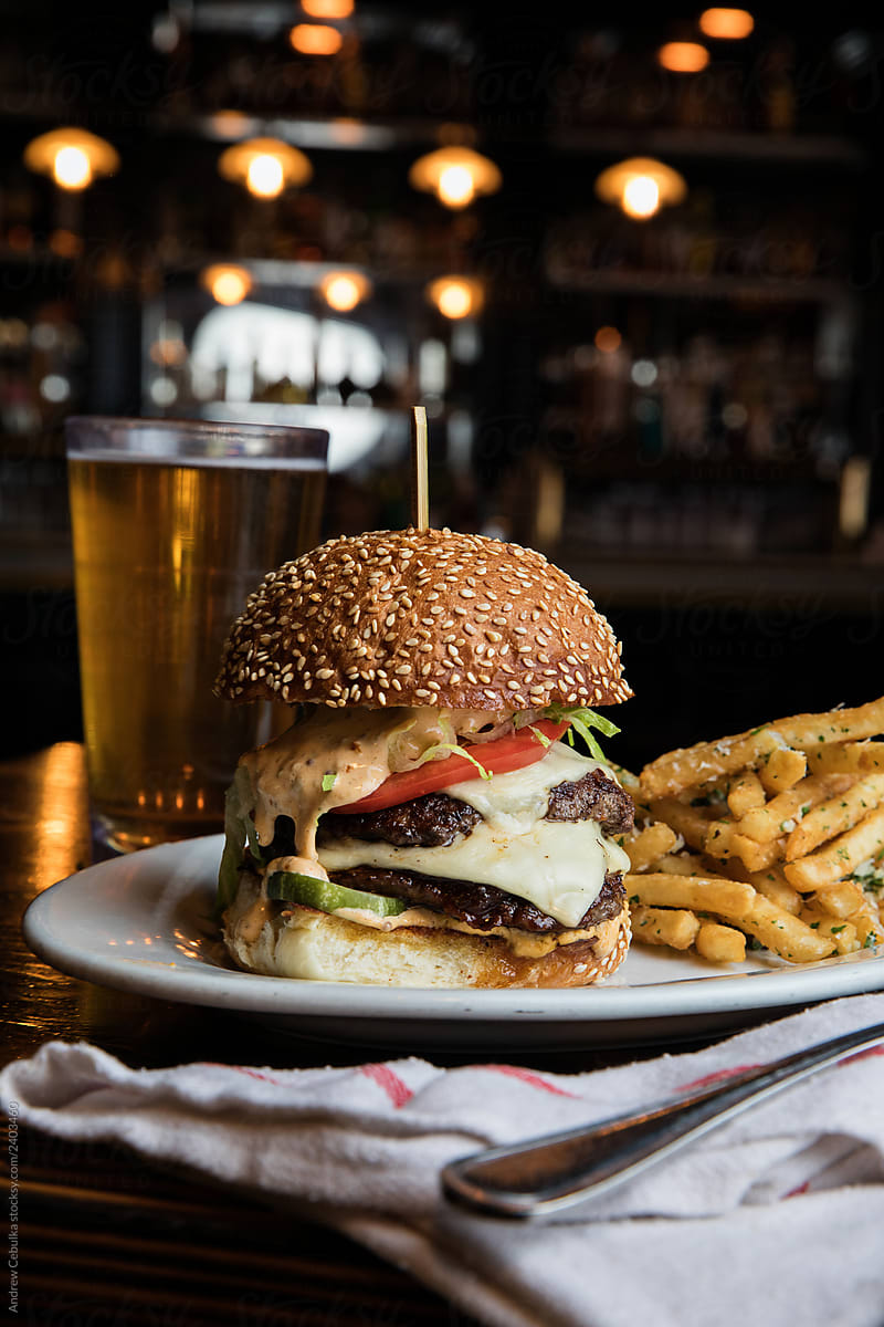 Double Cheese Burger with Truffle Fries and a Beer