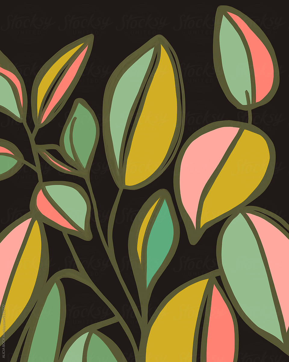 Drawing Of Colorful Abstract House Plant Leaves