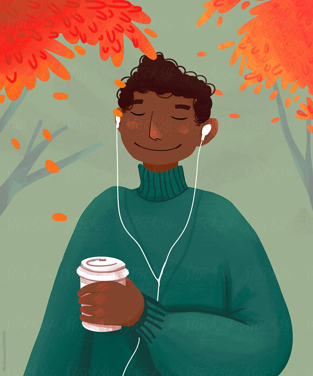 Illustration: African Man Enjoying Music and Coffee in Autumn