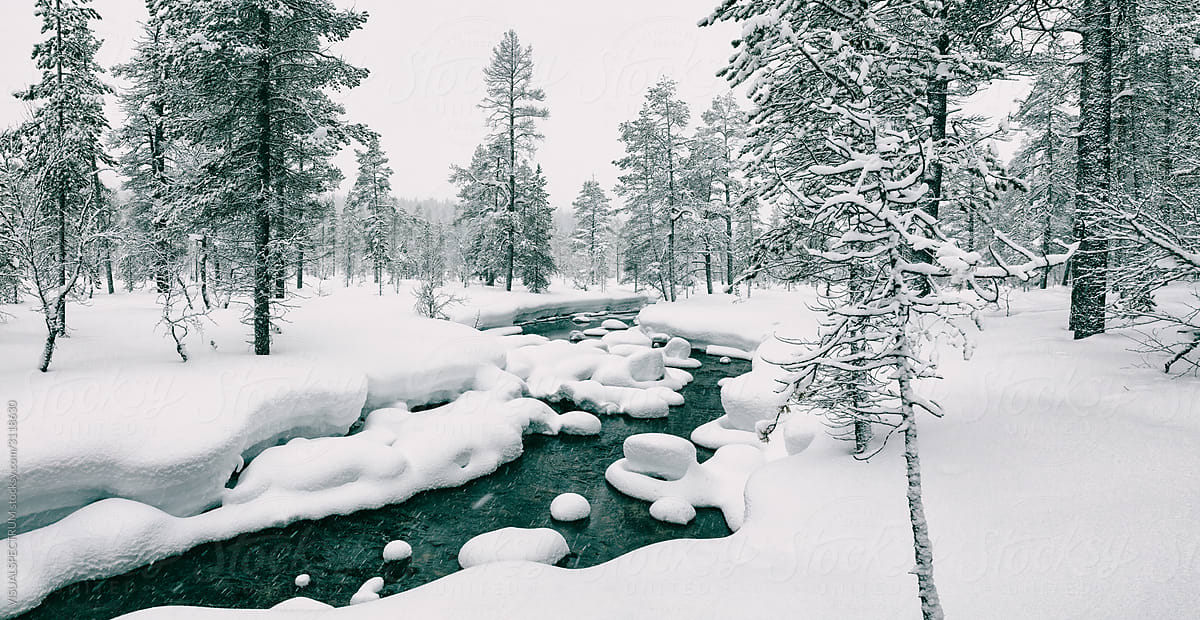 River in Snowy White Winter Landscape