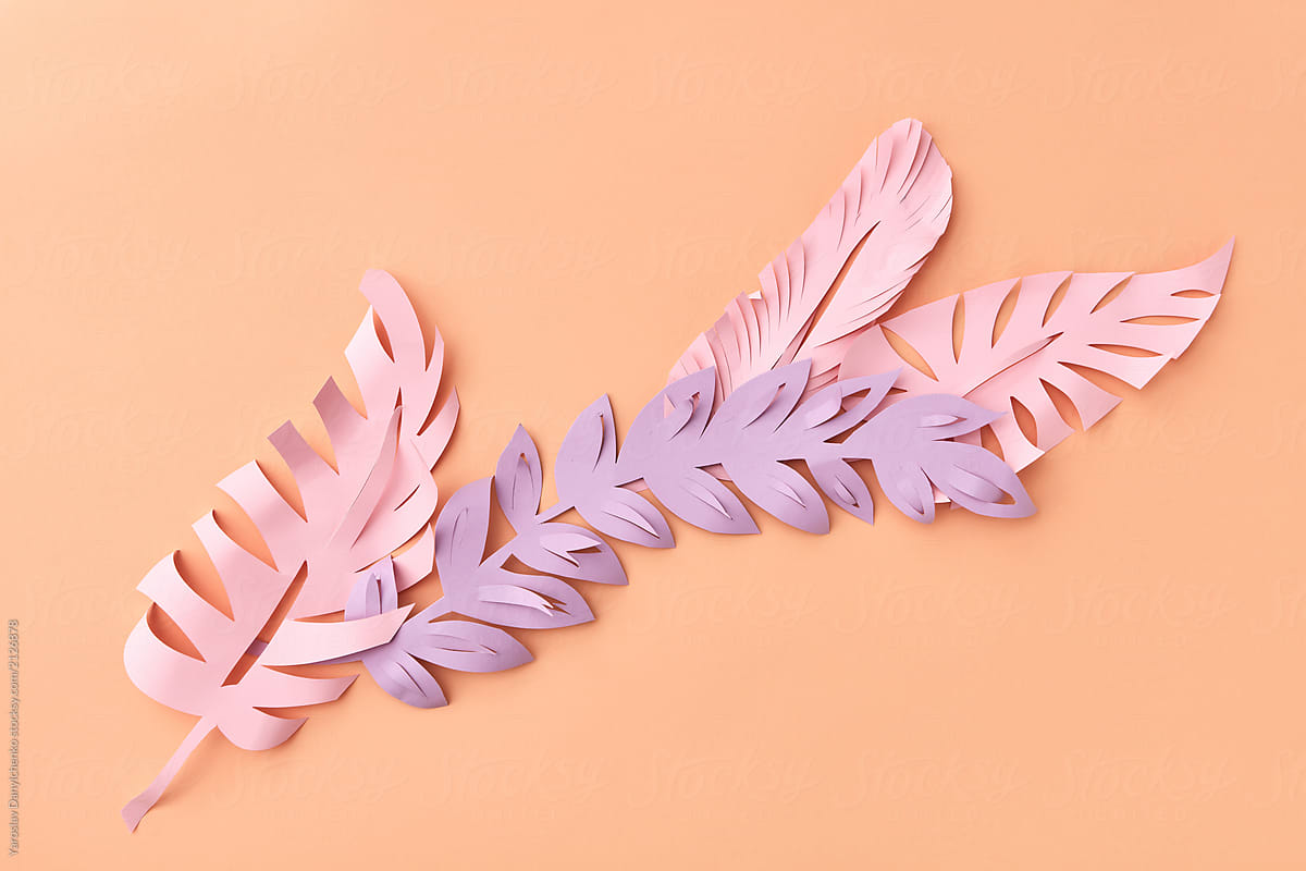 Tropical plant origami with handmade colorful foliage from paper