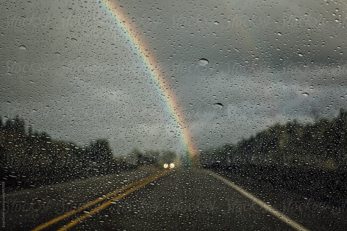 Rain Droplets on Windshield with Rainbow