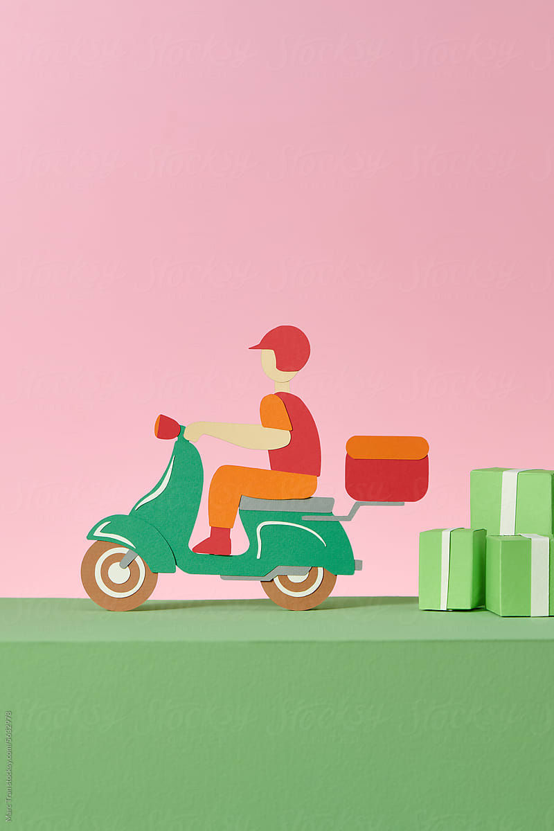Delivery man on a scooter paper art style