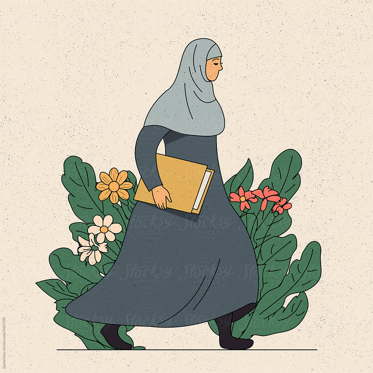 illustration of a woman in a hijab holding a book in her hand
