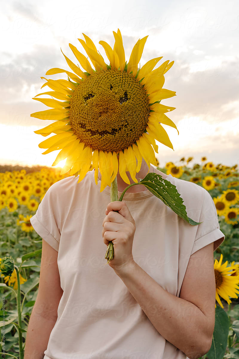 Person covering face with sunflower