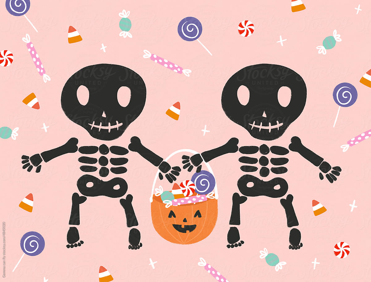 Happy skeletons collecting candy spooky Halloween illustration