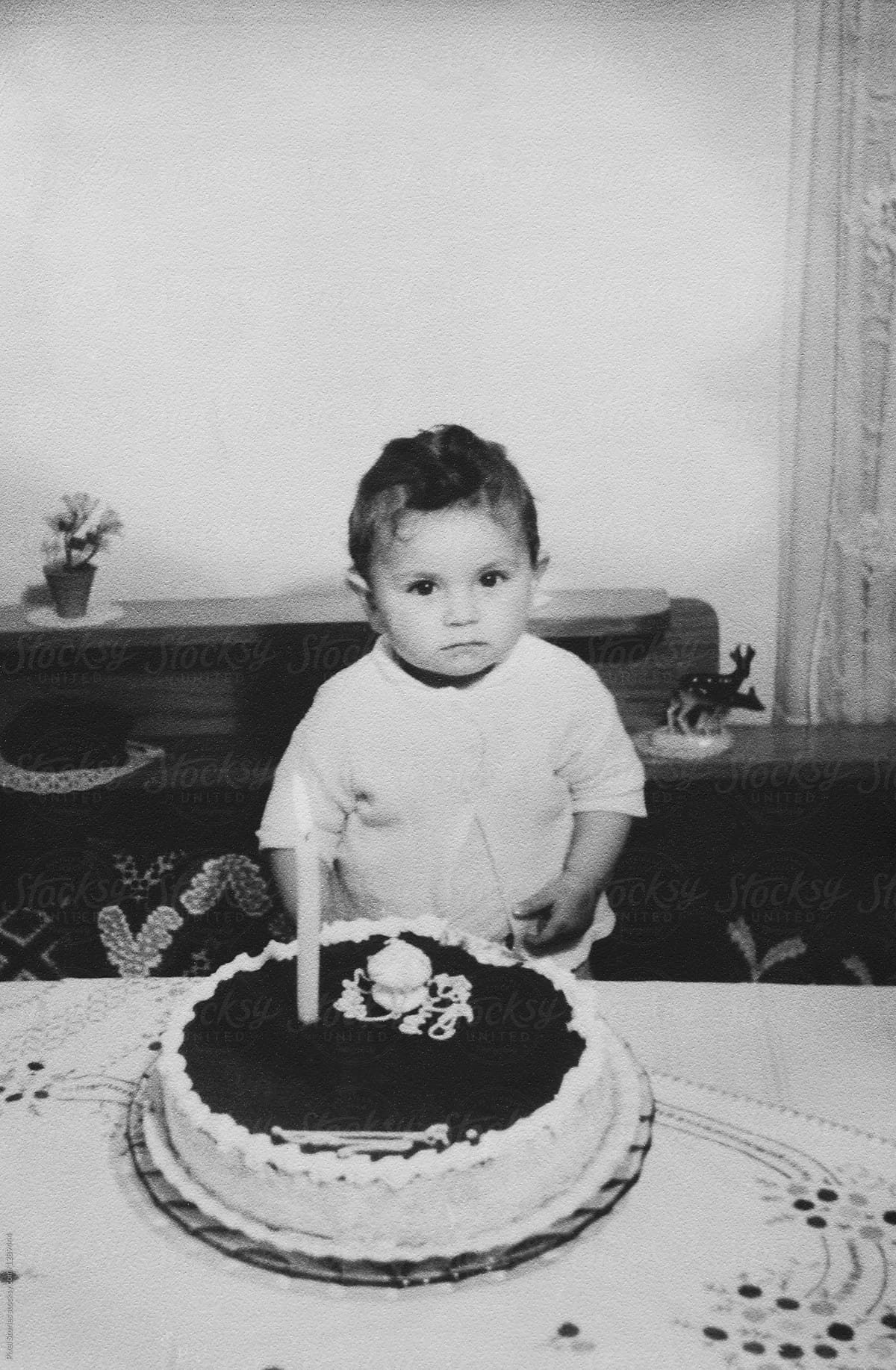 Vintage photo of girl celebrating first birthday 1966