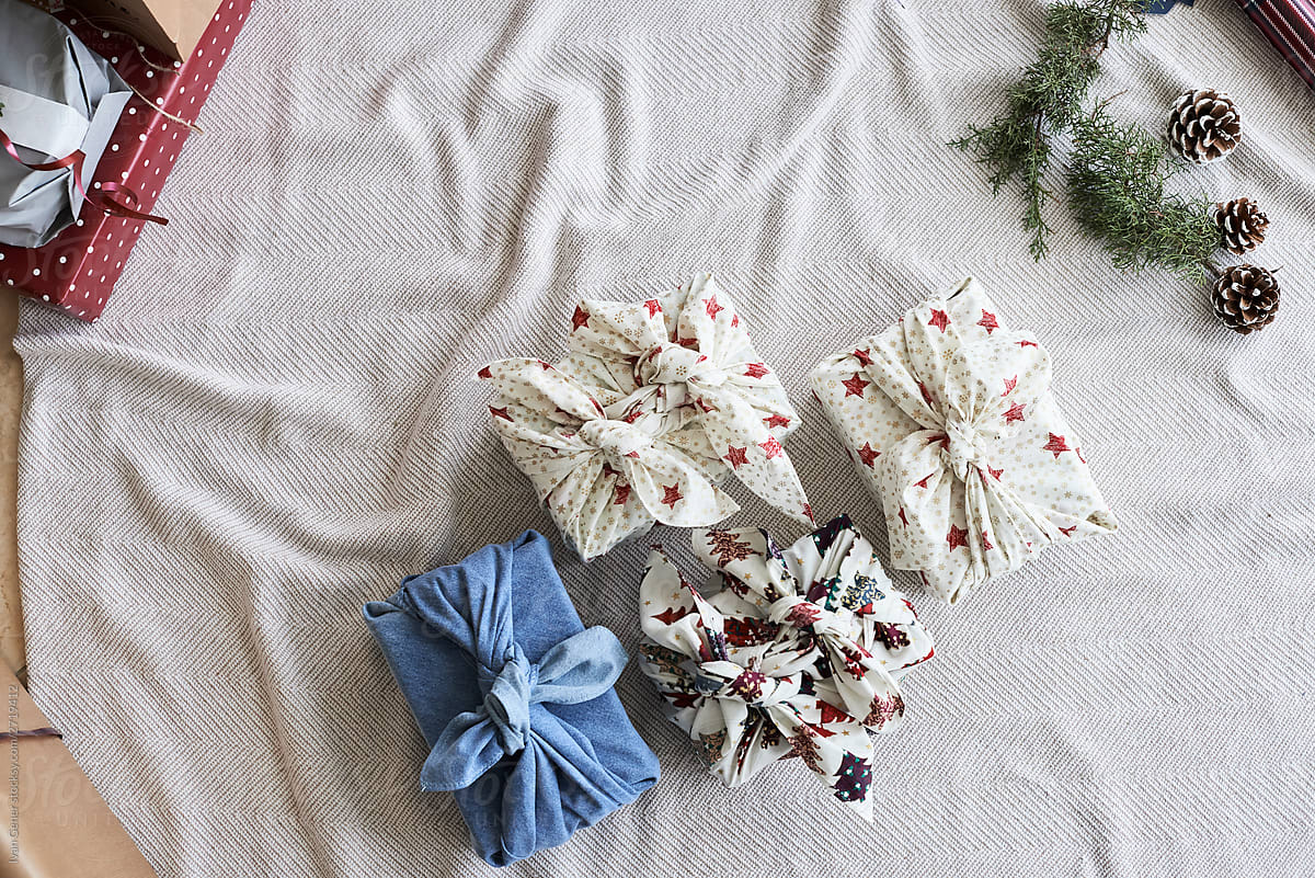 Bunch furoshiki wrapping gifts.