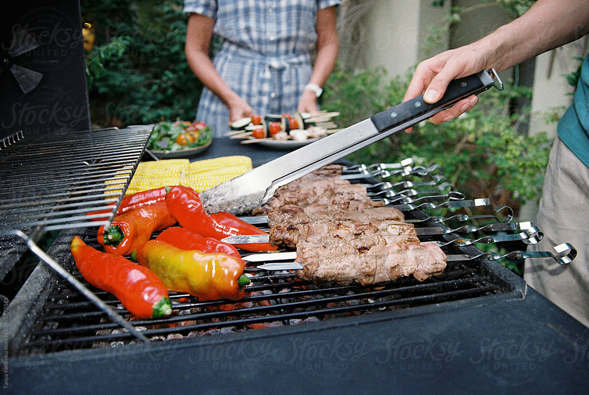 Vegetables and meat on BBQ