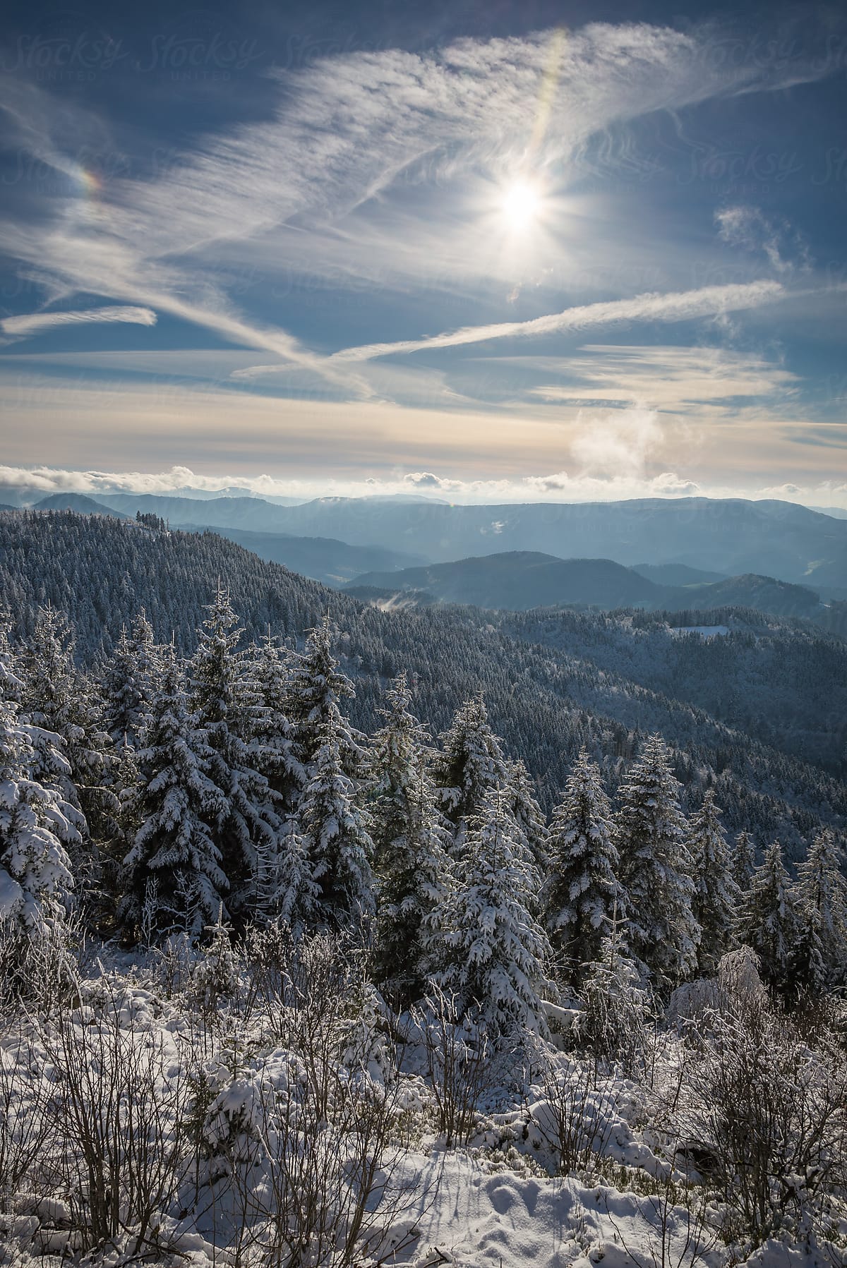 Cold Winter Sun over a Snowed in Landscape in the German Black Forest