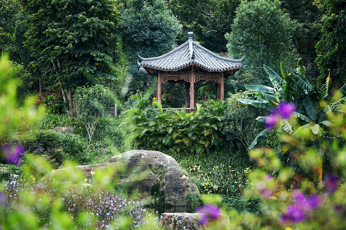 Asian-style pavilion, in the garden of the plant environment