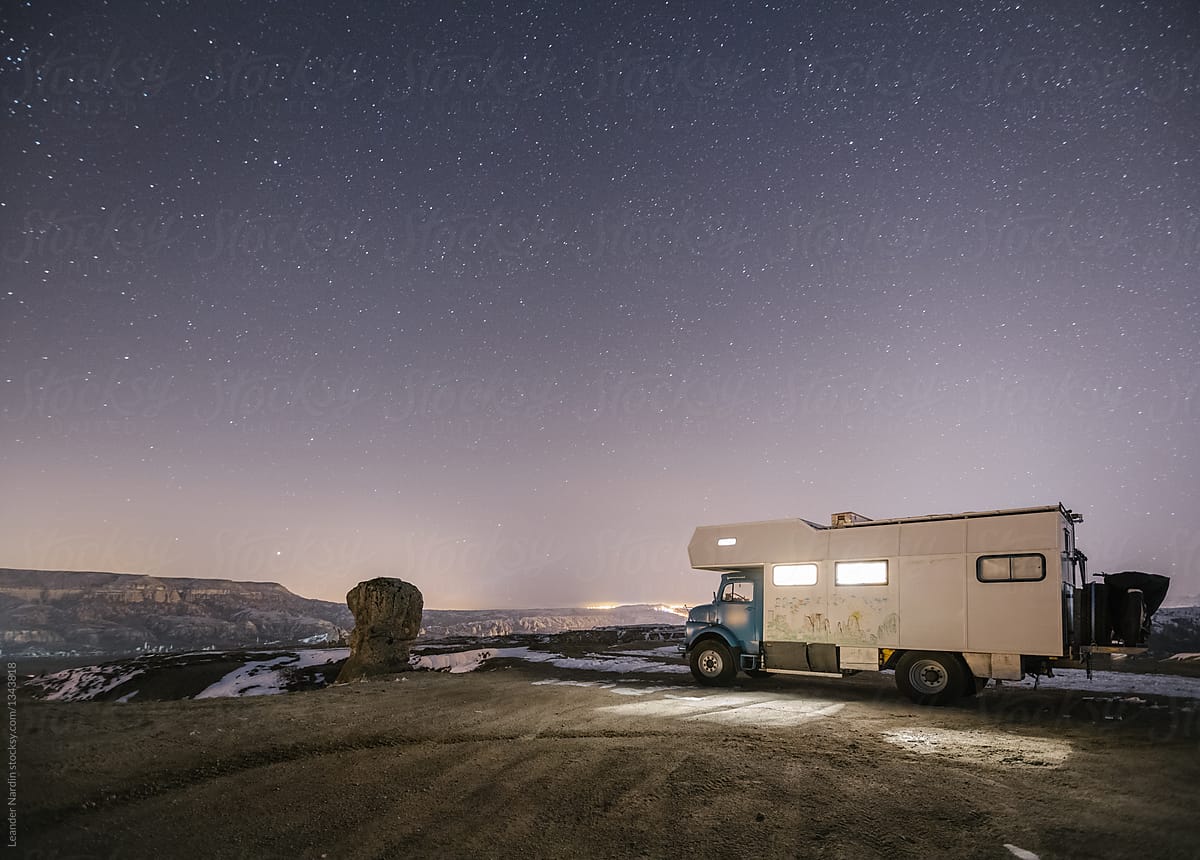 camping truck standing in cappadocia at night, turkey