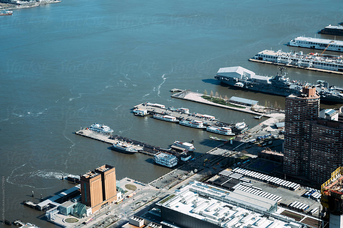 Aerial view of Manhattan riverside with docked ships