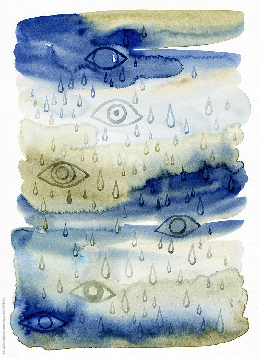 Eyes and rain abstract watercolor