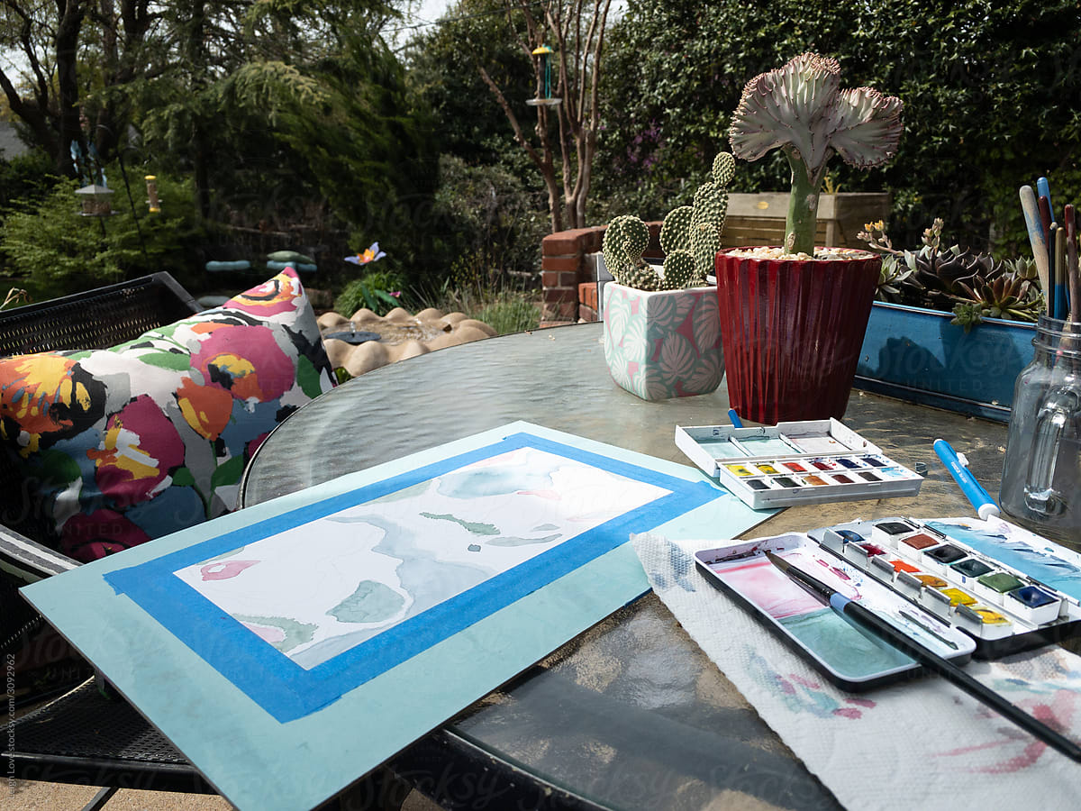 Watercolor Setup Outdoors on Table in A Backyard