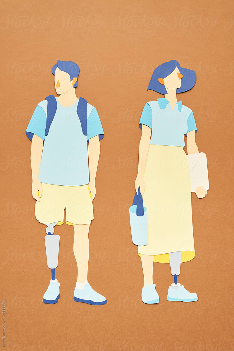 Cartoon disabled students with artificial limbs