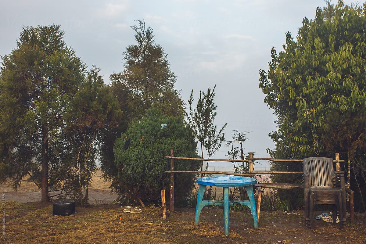 Plastic chair and table on the mountain ,Nagarkot,Nepal
