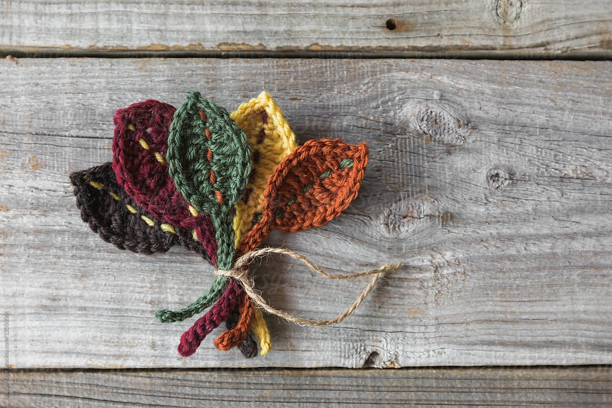 Bouquet of crocheted Autumn leaves with copyspace