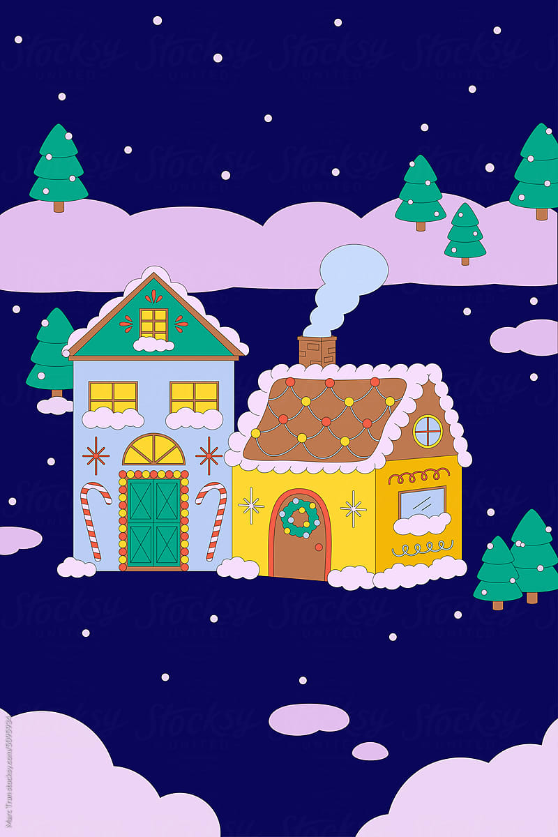 Greeting christmas card with cute gingerbread houses