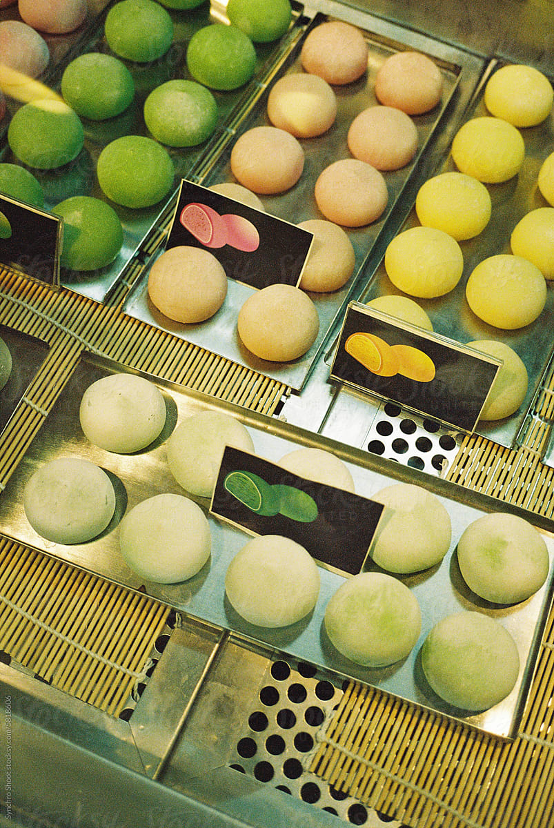 Assorted mochi in bakery display