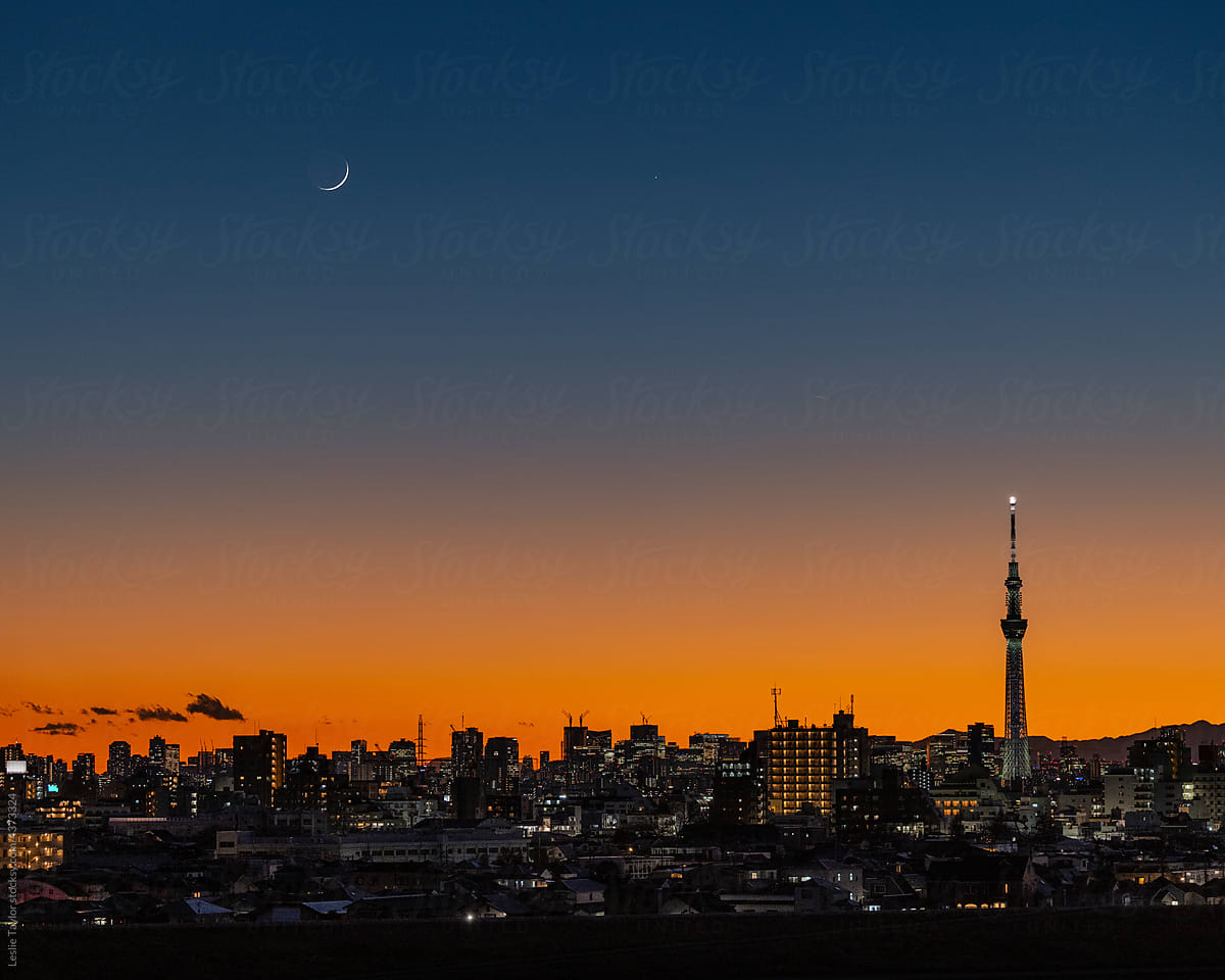 Thin Crescent Moon Over Tokyo