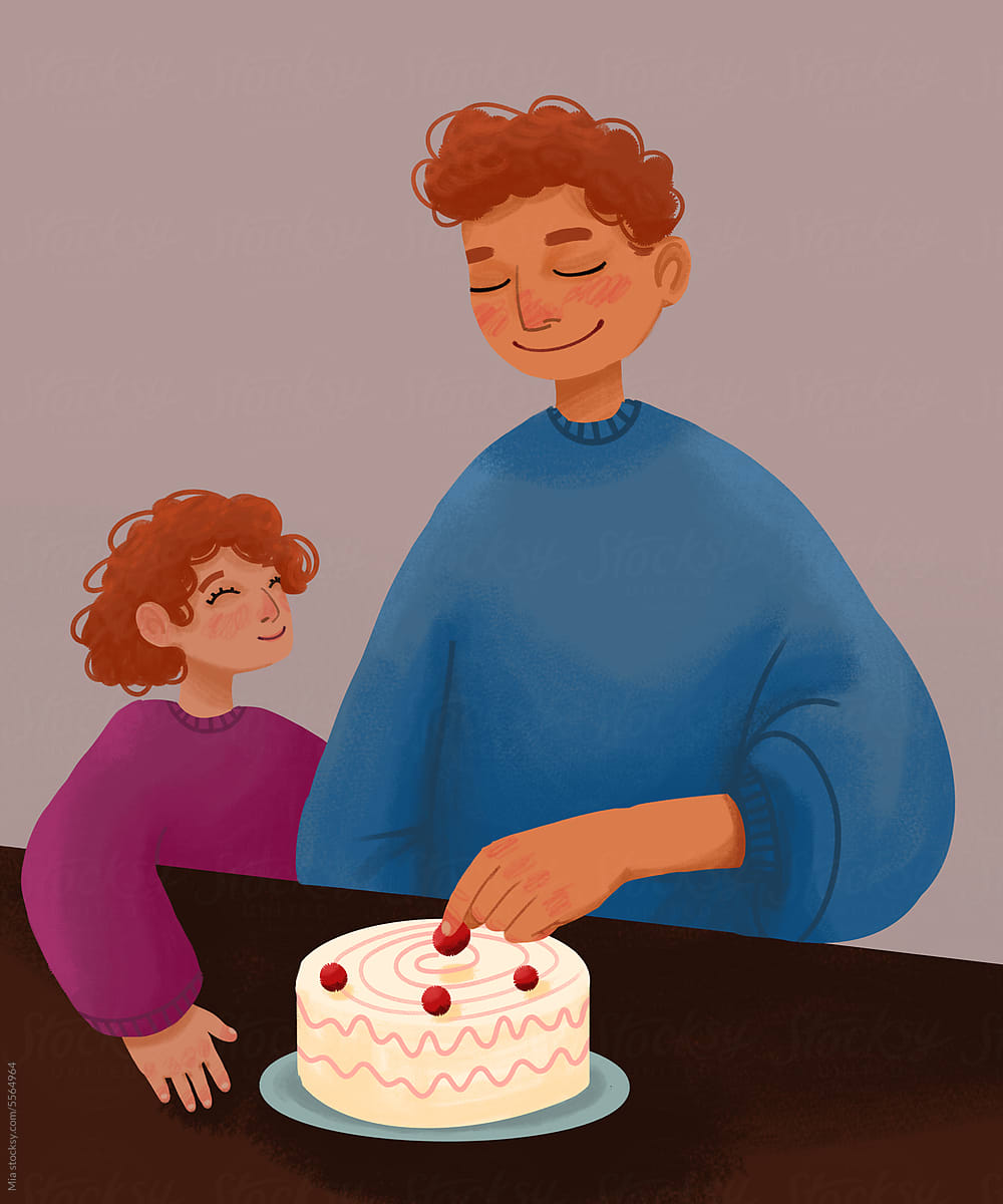 An illustration of a man and a child standing in front of a cake