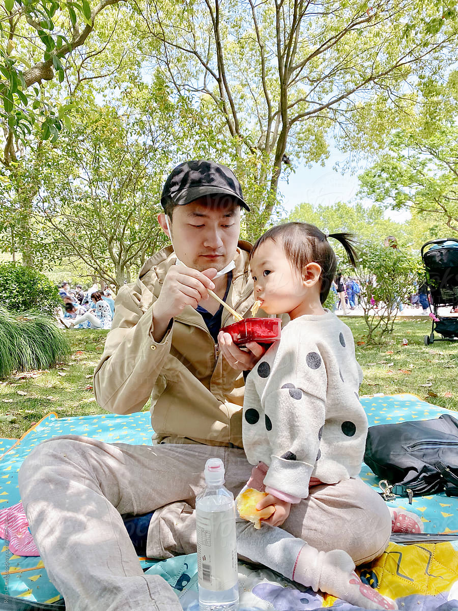 Asian dad and baby on a picnic