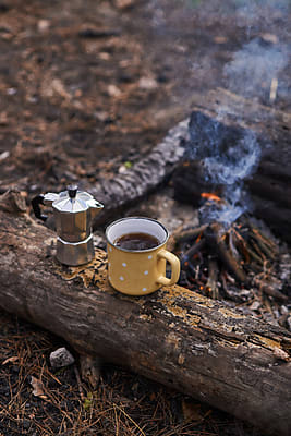 Metal Coffee Maker On A Camping Gas Stove. by Stocksy Contributor  Yaroslav Danylchenko - Stocksy