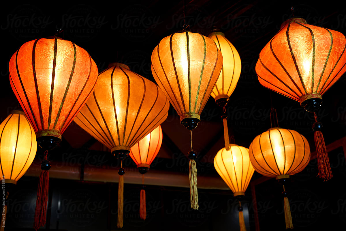 Glowing asian lanterns in dark ambience