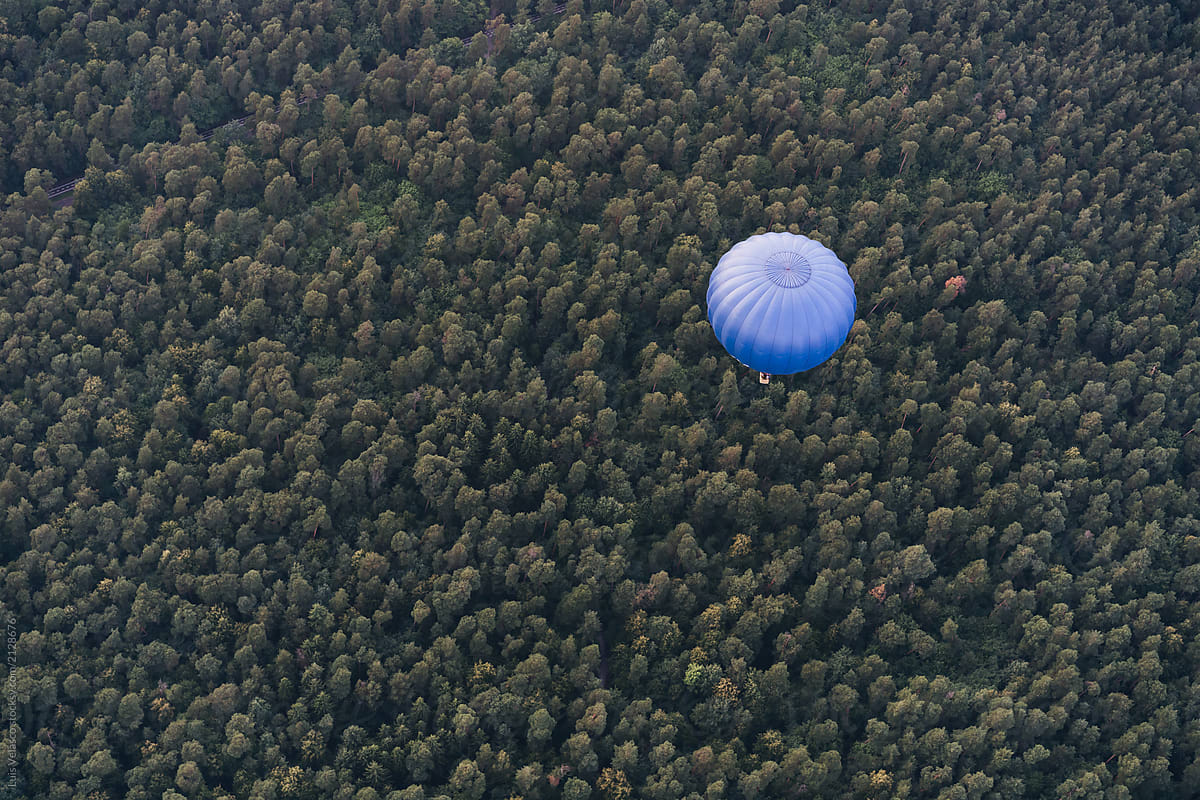 Single Blue Hot Air Balloon Floating Over The Woods.
