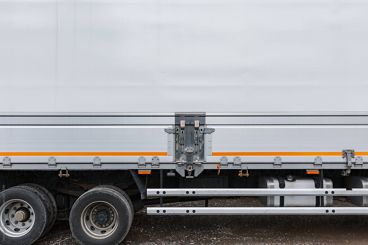 Side close-up of trailer truck.