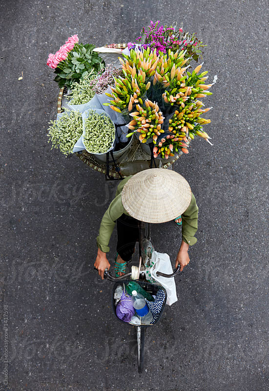 Overlooking the streets of women selling flowers, Vietnam Hanoi
