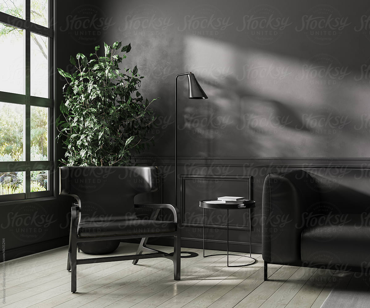 Modern interior in black tones with forest view window