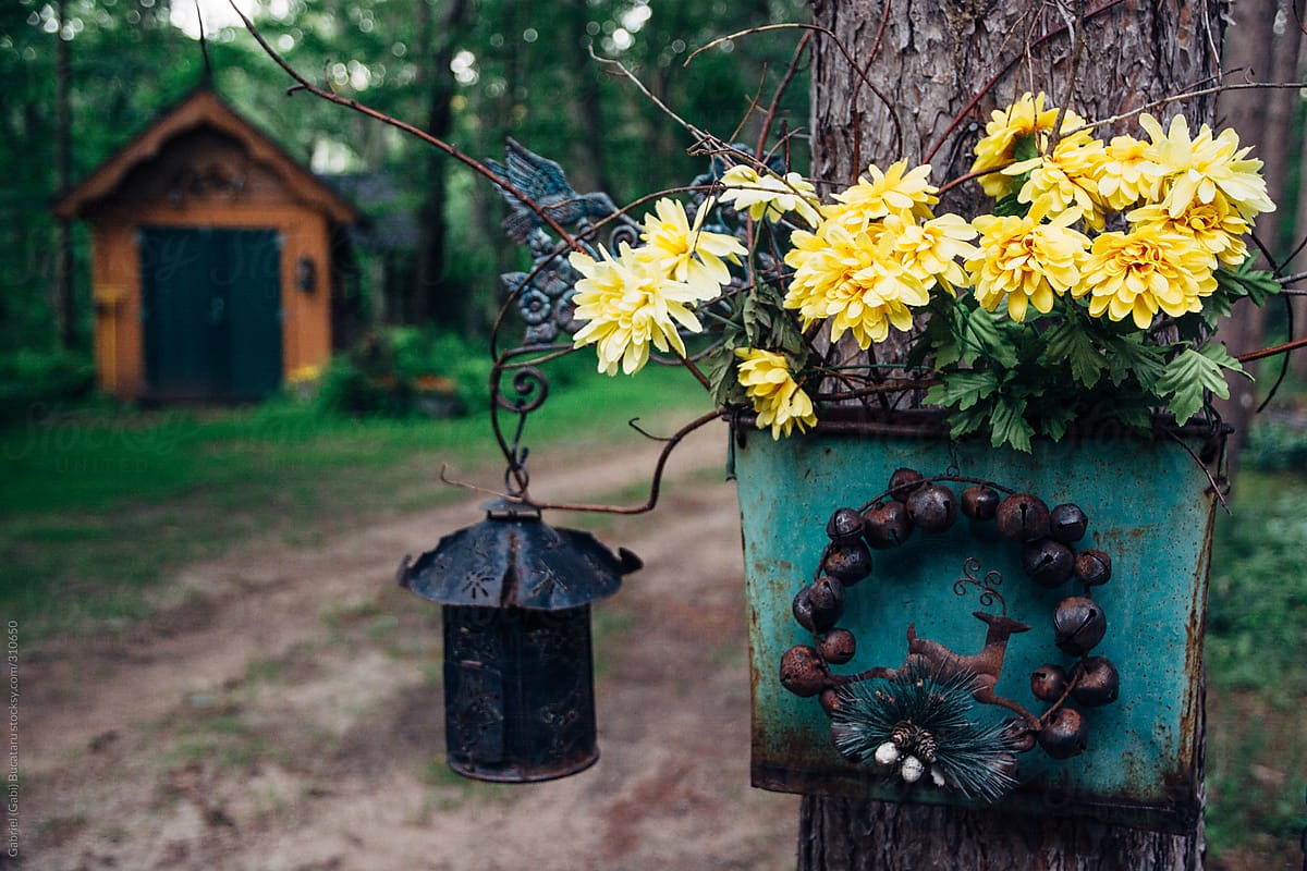 Rustic Flower Decorations on a Tree by a Log Cabin