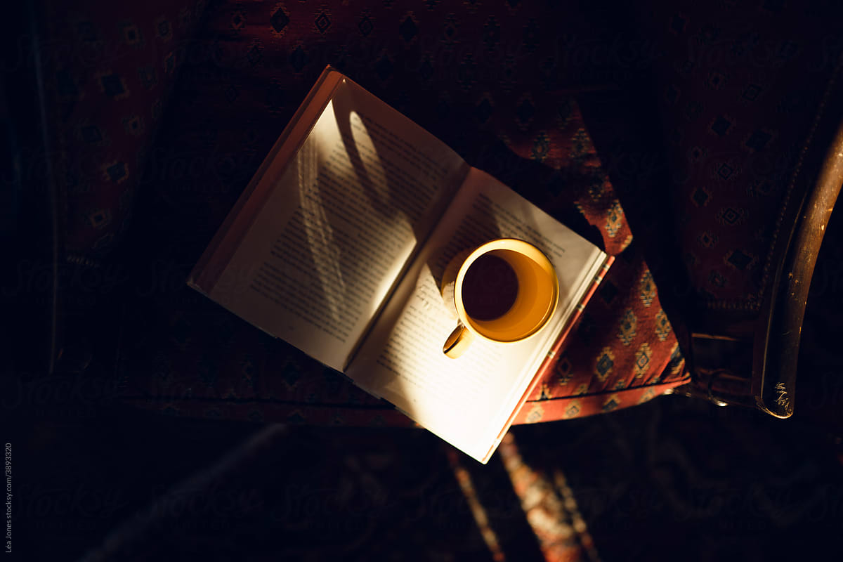 cup of coffee with book in warm sunlight.