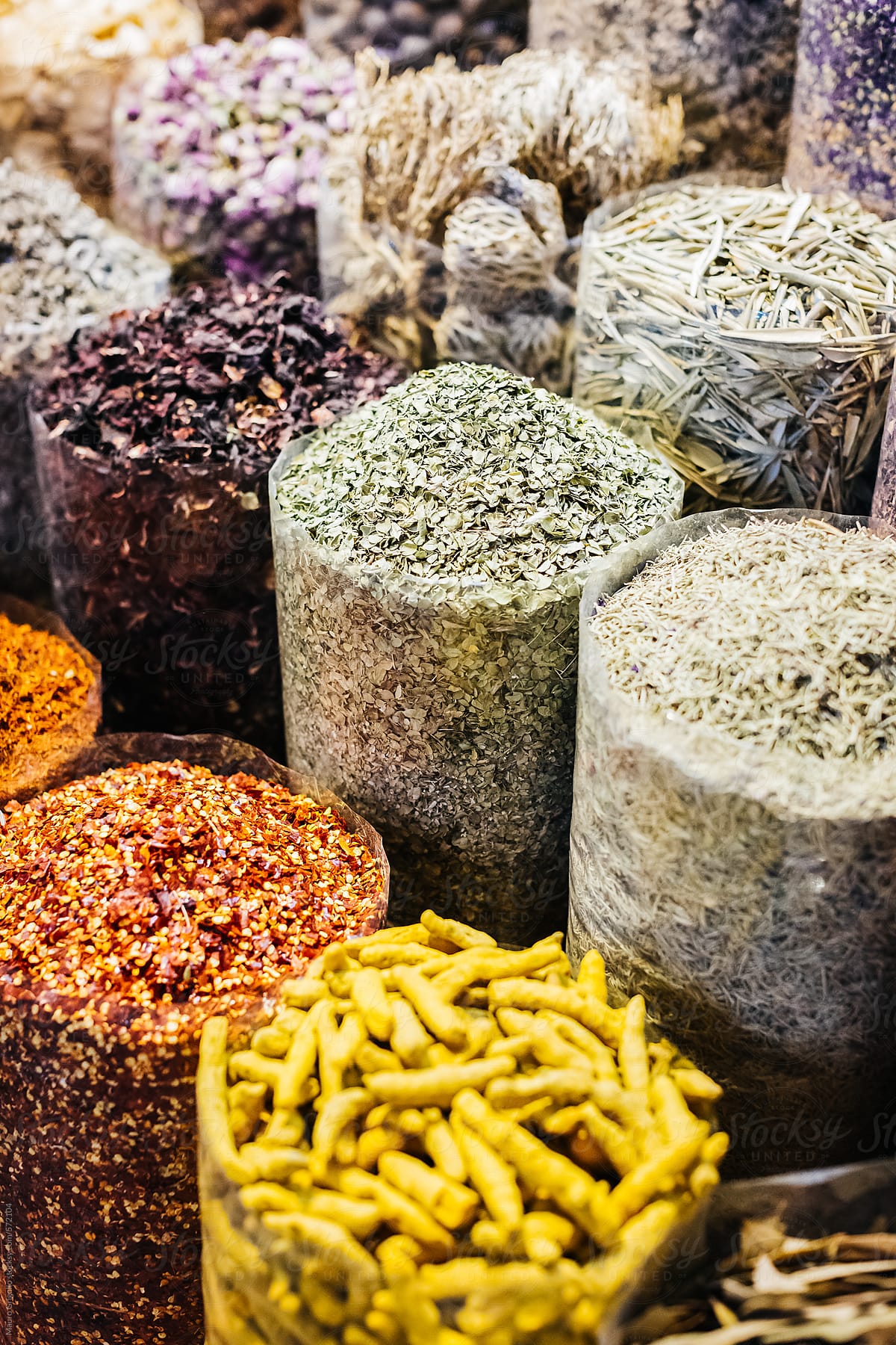 Assortment of spices and herbs at spice souk, Dubai.