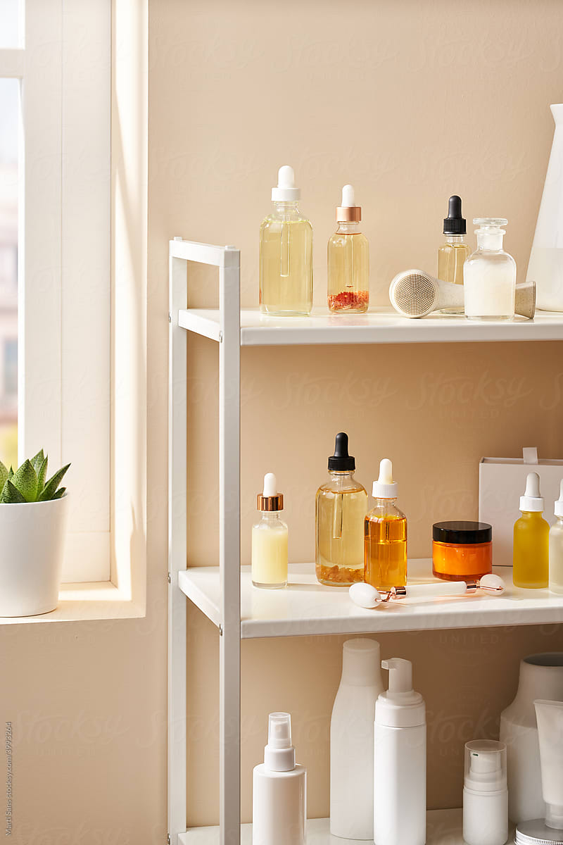 Cosmetologist\'s beauty shelves.