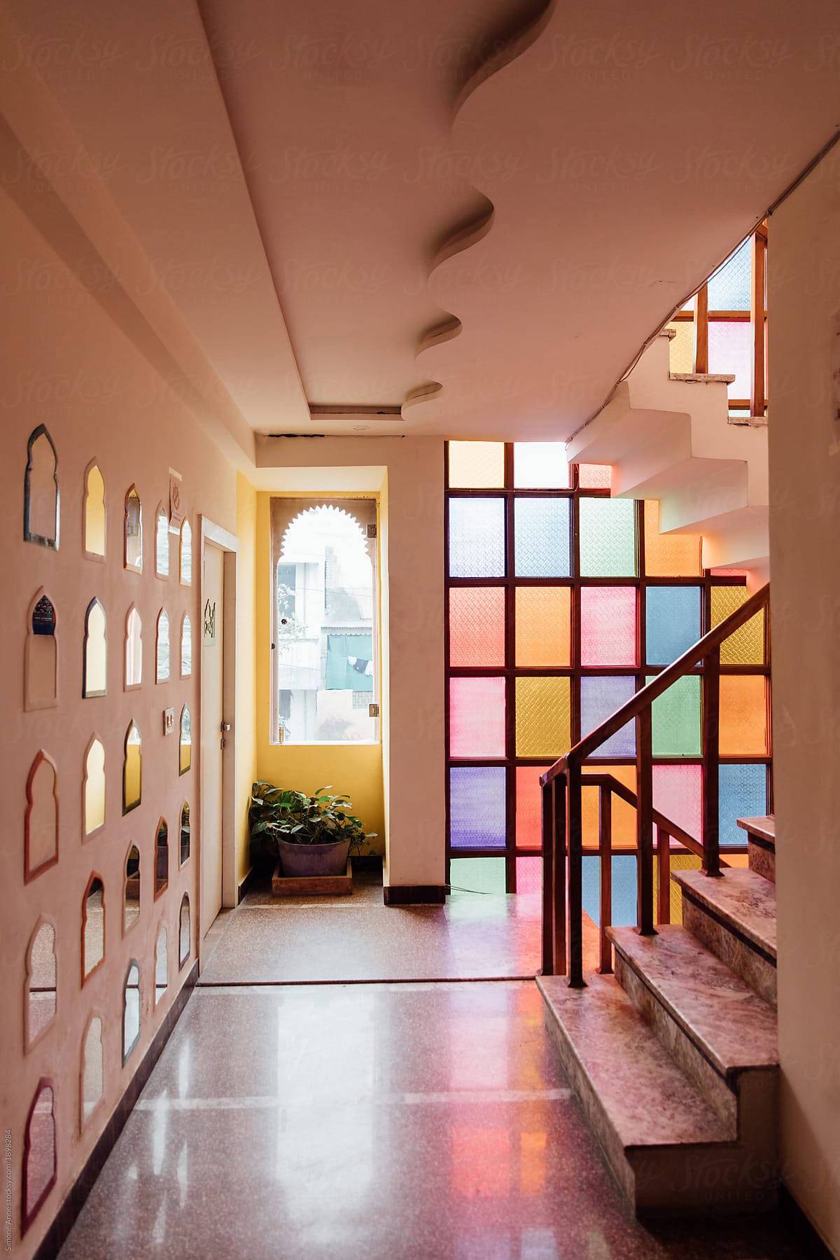 Colorful windows in a hostel