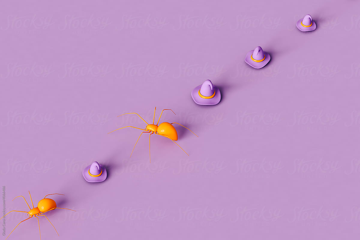 Orange spiders and witch hat - Halloween concept