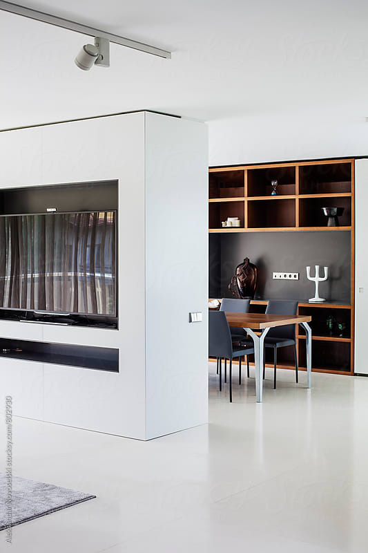 Detail shot of contemporary minimalist living room and dining table