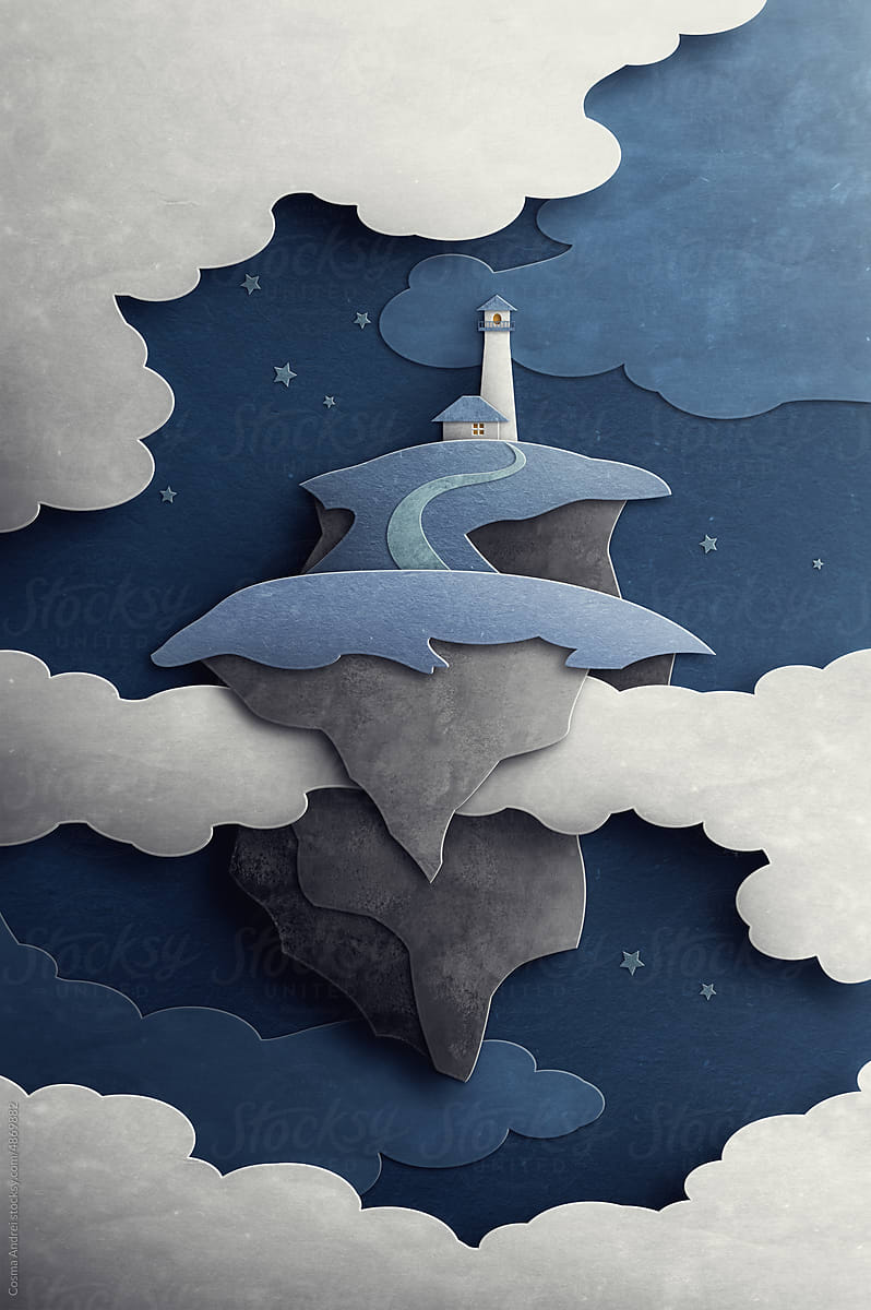 Surreal flying island with lighthouse on night sky illustration