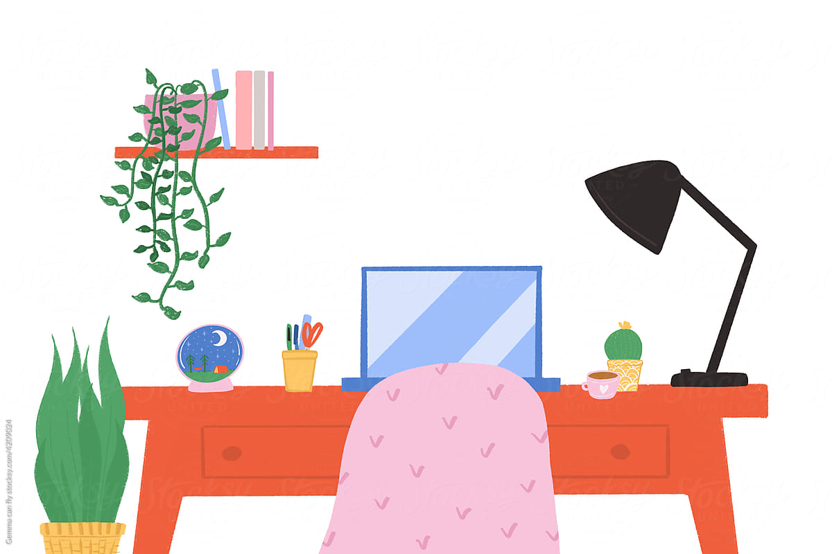 Workspace with laptop and plants illustration