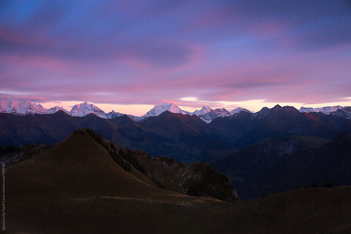 Panoramic view of dramatic mountain scenery in the Alps.