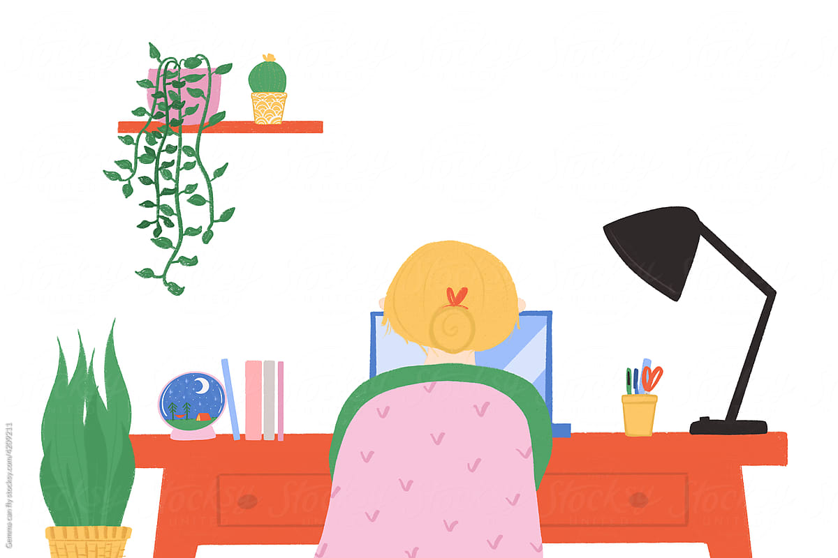Woman in workspace with laptop and plants illustration