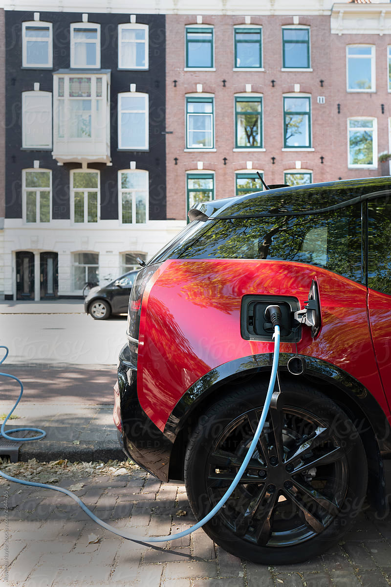 Electric car charging port in Amsterdam, Europe